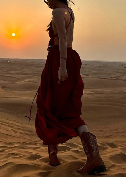 Sexy Wine Red V Neck Backless Cotton Spaghetti Strap Dress Sleeveless AJ1037 shopify