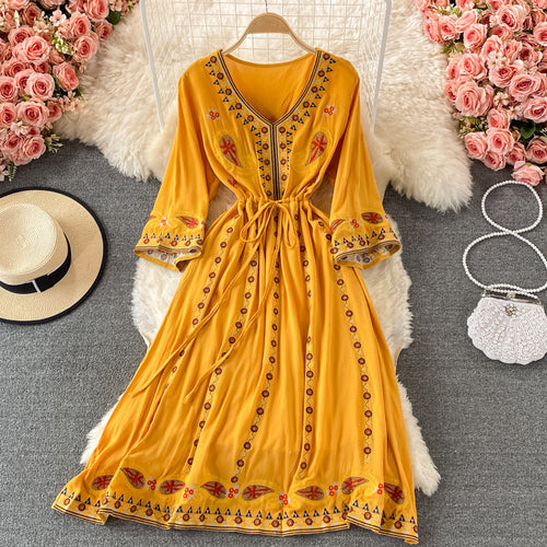 Vintage Green V-neck Tie Waist Flower Embroidery Three-quarter Sleeve A-line Dress AR1022 shopify