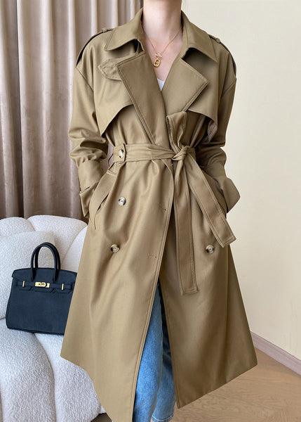 Loose Khaki Pockets Tie Waist Cotton Trench Coat Long Sleeve AF1093 HS-TCT240914