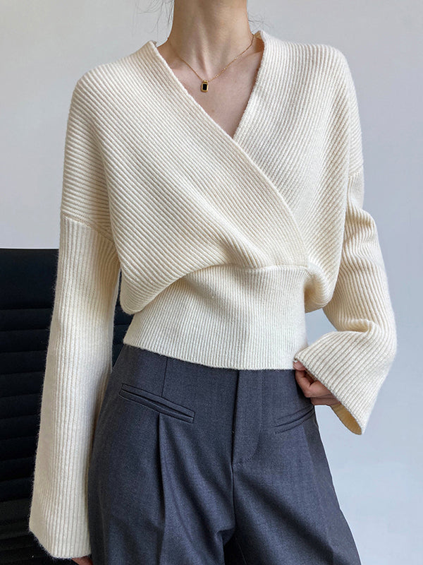 French Grey Cross V-Neck Long Sleeve Sweater QX012 shopify