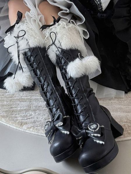 PU Plush Collar with Lolita Design Boots Heeled Black - Sweet FashionChic