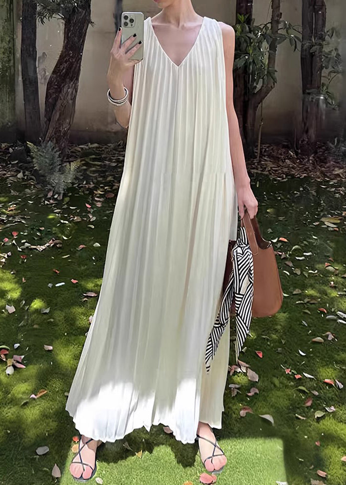 Wrinkled Long Dress Simple Neck V White Sleeveless Chiffon FashionChic
