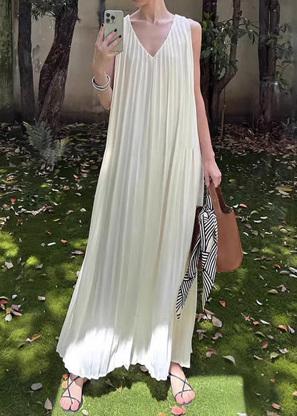 Wrinkled Long Dress Simple Neck V White Sleeveless Chiffon FashionChic