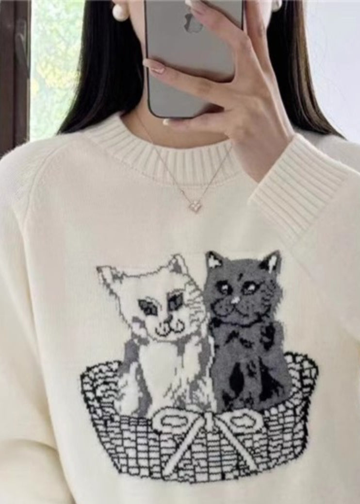New White O Neck Animal Cozy Knit Sweaters Fall QC028 shopify