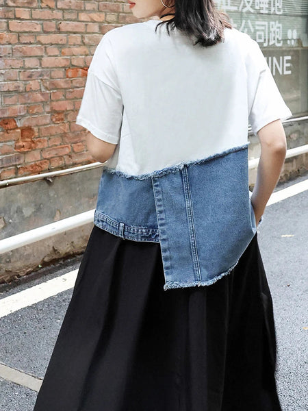 Denim Street Patchwork Sleeve White Short T-Shirt O-neck Hem FashionChic