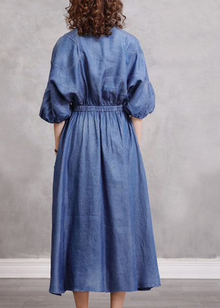 Vintage Blue Embroidered Elastic Waist Long Denim Dress Lantern Sleeve NN024 shopify