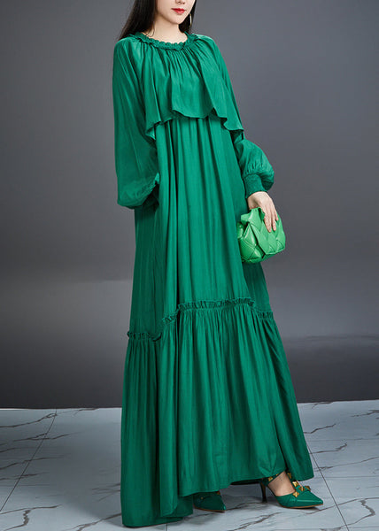 Italian Green Ruffled Pockets Tie Waist Cotton Maxi Dress Fall AJ1028 JDML-240909
