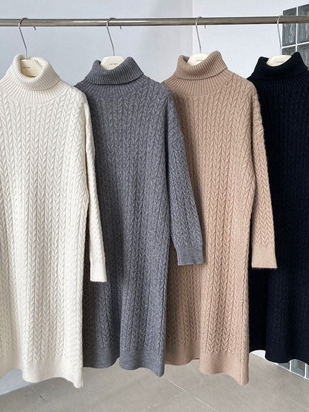 Casual Grey High-Neck Long Sleeve Twist Knit Dress AN1053 Genistyle Shop