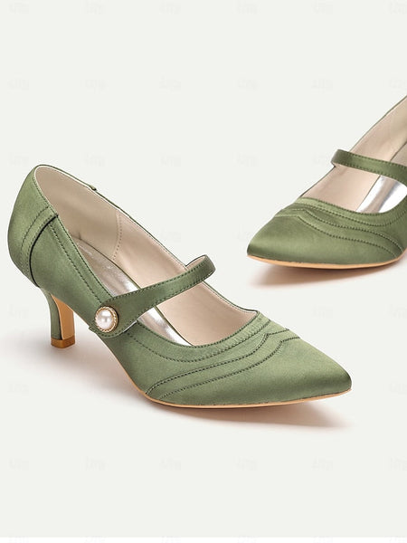 Heels Jane Satin Green Button Pearl - with Elegant Mary FashionChic