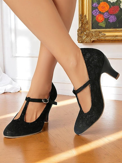 Ivory Pumps-1920s Women's Vintage Mid Lace Heel T-Strap FashionChic