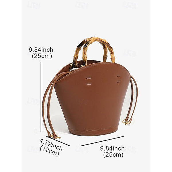Brown Bamboo Leather Bucket Bag Handle with Women's FashionChic