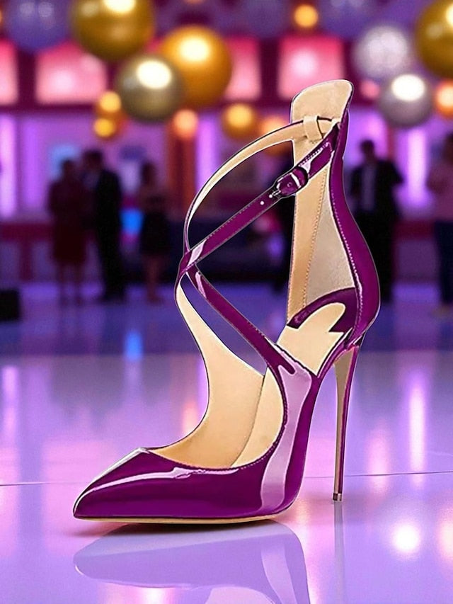 - Women's Leather Heels Purple Stiletto Strappy Patent FashionChic
