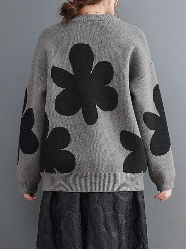 Cute Loose Black Round-Neck Contrast Color Flower Long Sleeve Sweater AN1070 Genistyle Shop