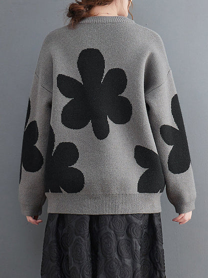 Cute Loose Black Round-Neck Contrast Color Flower Long Sleeve Sweater AN1070 Genistyle Shop