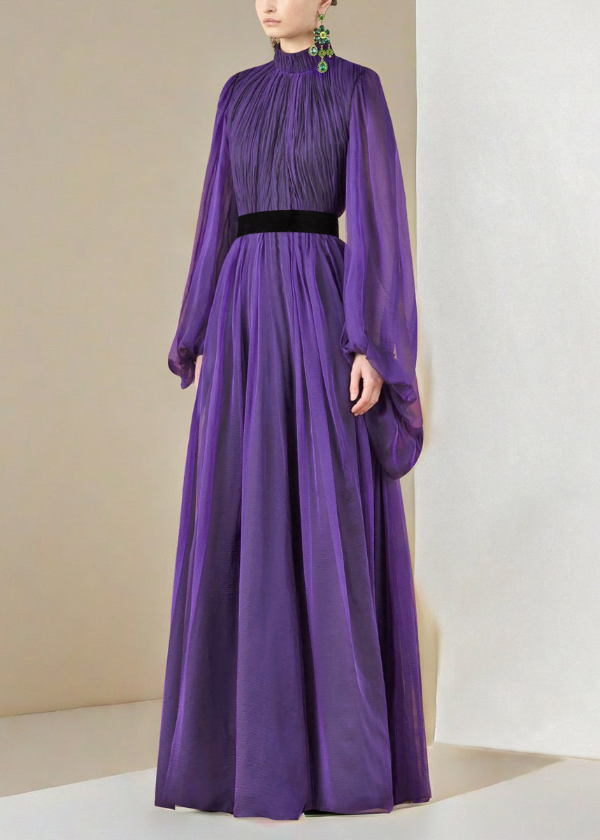 Stand Silk Wrinkled Italian Purple Long Dresses Lantern Collar FashionChic
