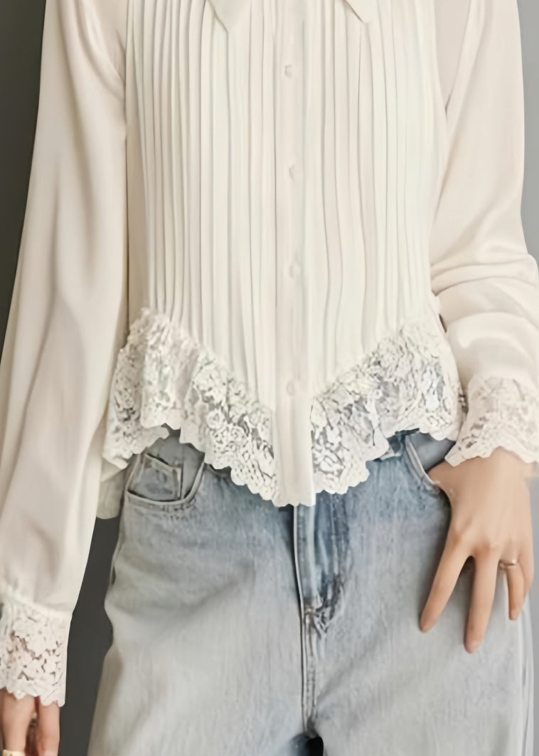 Art White Button Lace Solid Chiffon Blouses Spring RV040 ABC