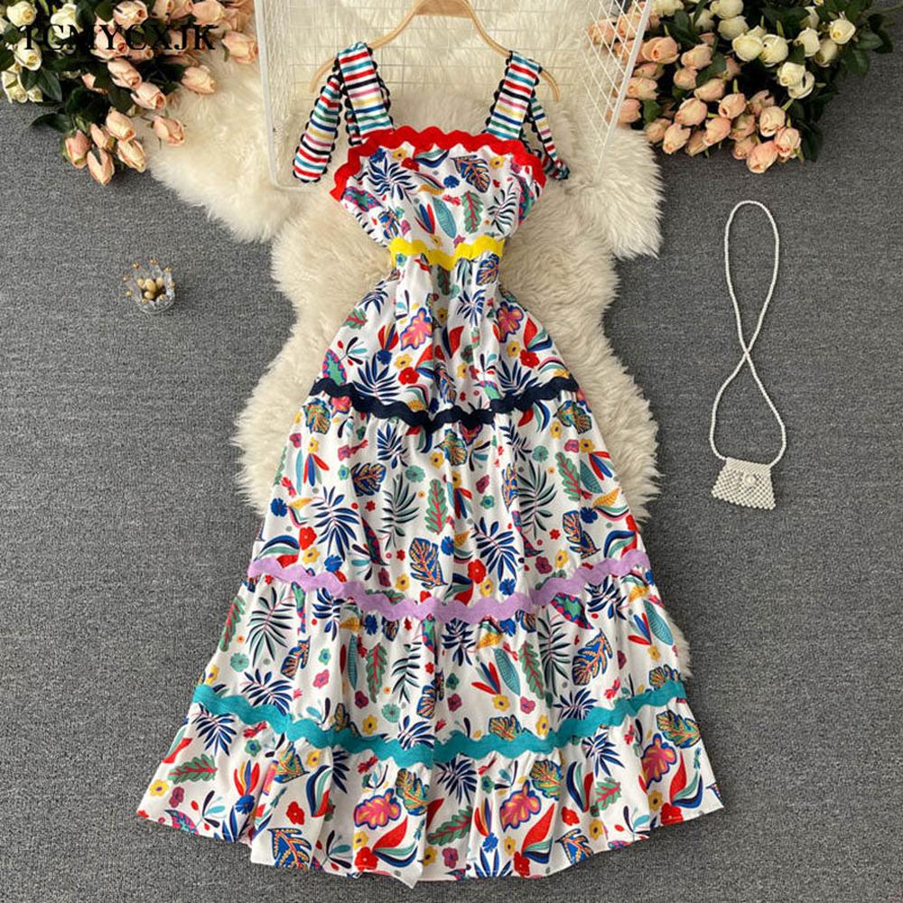 Art white Square Collar Rainbow Striped Floral Print Straps Dress AR1007 shopify