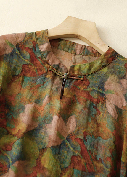 Grace Stand Collar Button Print Linen Dress Summer QR019 GSK-240929