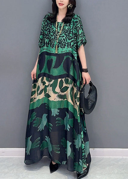 Bohemian black texture O Neck Pockets Print Patchwork Silk Long Dresses Summer TT1032 shopify