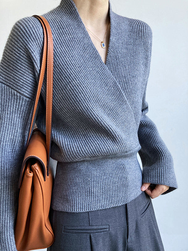 French Grey Cross V-Neck Long Sleeve Sweater QX012 shopify