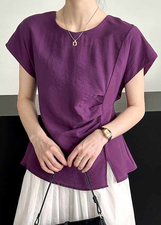 Simple Purple O Neck Front Open CottonTops Short Sleeve AF1086 HS-STP240914