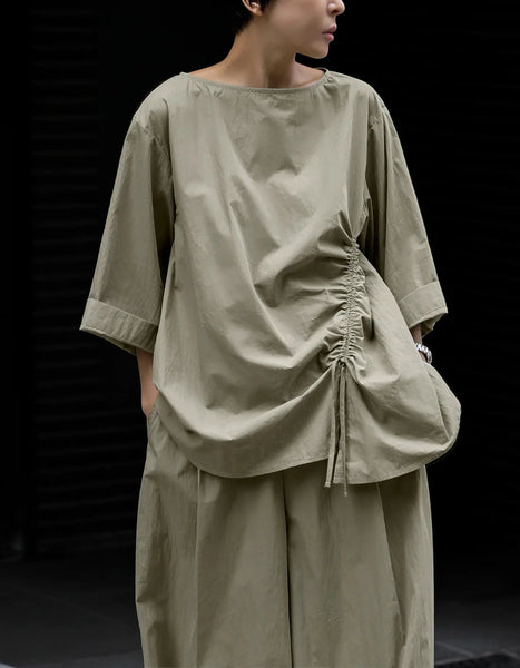 Casual Cotton Top Drawstring Sleeve Khaki Half Asymmetrical FashionChic