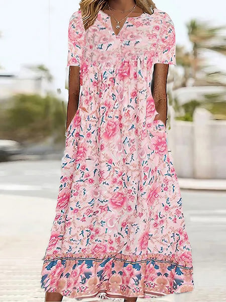Women's Pink Dress Floral Graphic Print V Neck Midi Dress