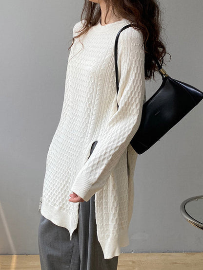 Retro Oatmeal Round-Neck Split-Side Long Sleeve Twist Knit Sweater AN1045 Genistyle Shop