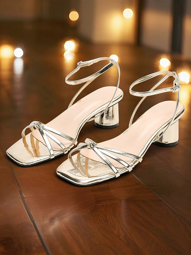 Shiny Heels Block Metallic Women's Ankle Strap Gold – FashionChic