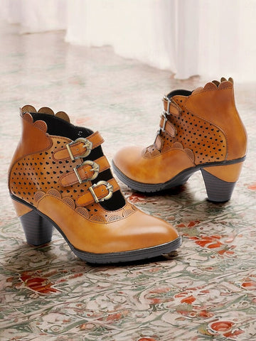 Strap Brown Vintage - Buckle Women's Ankle Perforated Boots FashionChic