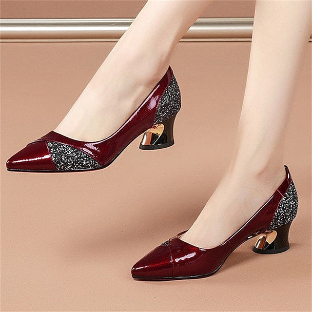 Patent Women's Heels Block Leather Faux Glitter-Accented FashionChic