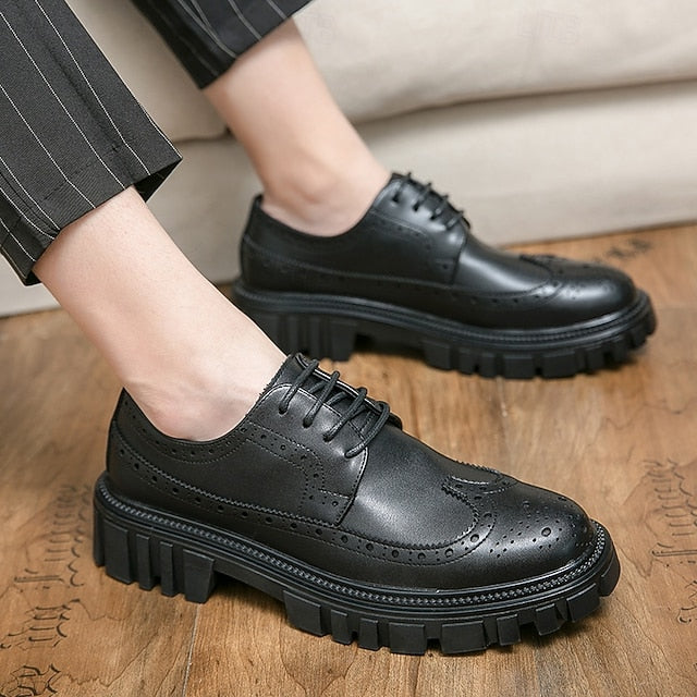 Brogue – Brown Chunky Sole Leather Shoes Faux Men's FashionChic