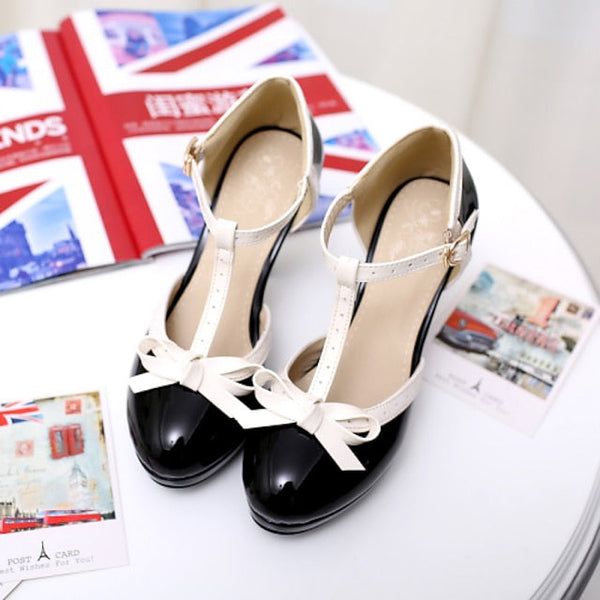 High T-Strap Patent Heels Women's Black White Leather with FashionChic