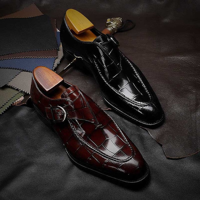 Monk Faux Pattern Strap Leather Crocodile Men's Burgundy FashionChic