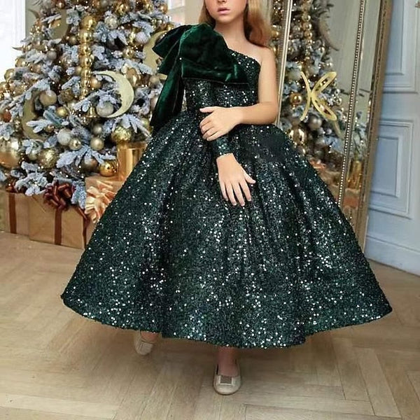 Long Dress Sequins Wedding Party Sequin Girls' Sleeve Kids FashionChic