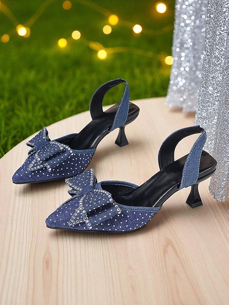 Bow Pointed Heels - Women's Sparkly Slingback Rhinestone FashionChic