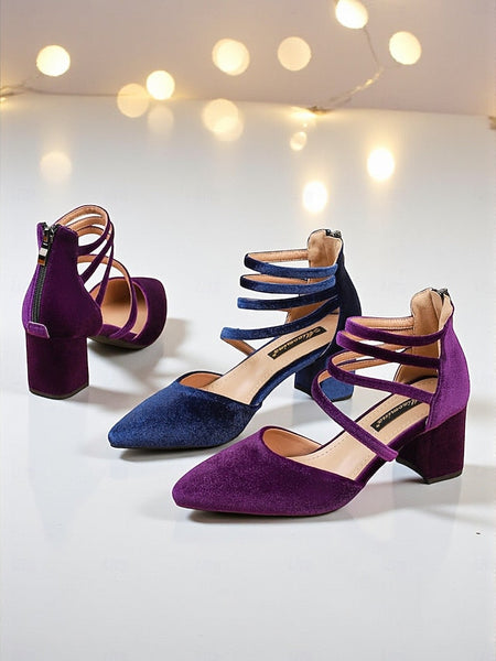 Block Blue Heel Women's Velvet Pointed Pumps with Toe FashionChic