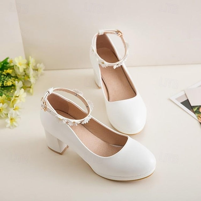 Girls' Daisy with Dress Flower Shoes Ankle Heel White Block FashionChic