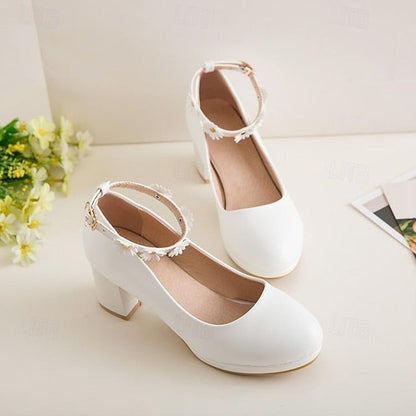 Girls' Daisy with Dress Flower Shoes Ankle Heel White Block FashionChic