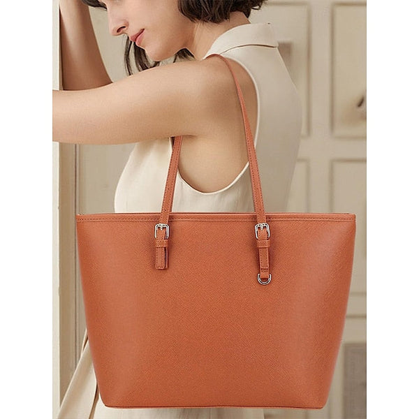 Faux Brown Leather Large Bag Classic Women's Tote - FashionChic