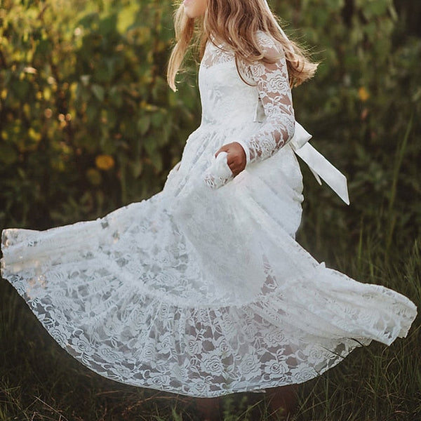 Girl Flower Colored Dress Girls' Long Kids Solid FashionChic