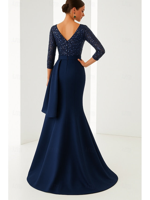 Elegant Formal Wedding Evening Black Gown Mermaid Blue Dress FashionChic