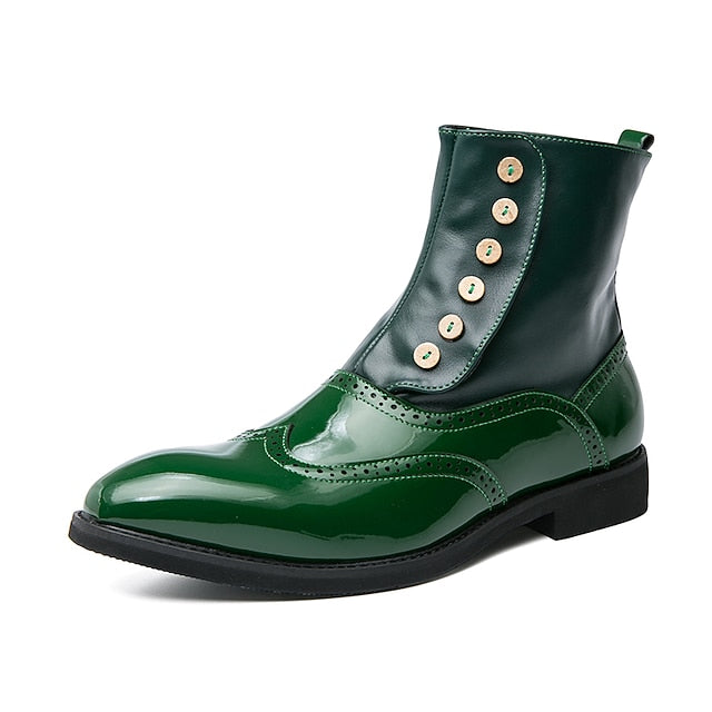 - Leather Button Boots Green Stylish Wingtip Vintage Men's FashionChic