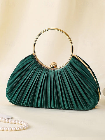 Handle Clutch - with Pleated Elegant Gold Ring Velvet Green FashionChic