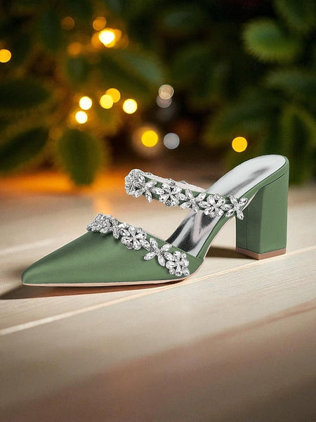 with Heel Mules Satin Floral Block Women's Black Rhinestone FashionChic