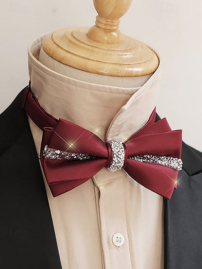 Tie Elegant with – Embellishment Satin Burgundy Bow Crystal FashionChic