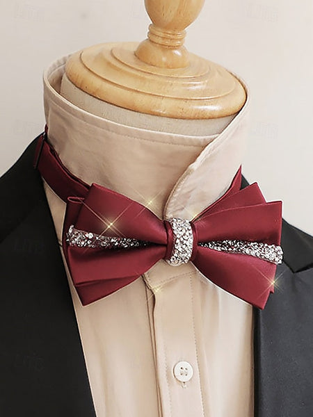 Tie Elegant with – Embellishment Satin Burgundy Bow Crystal FashionChic