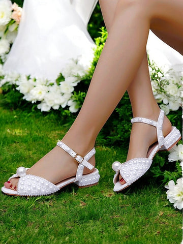 White Pearl-Embellished Heel Sandals Low – Women's FashionChic