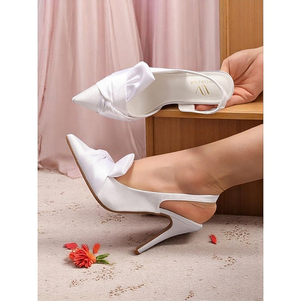 - Pink Satin Heels with Oversized Slingback Bow Women's FashionChic