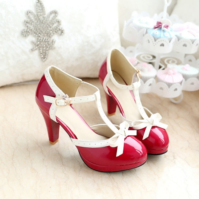 High T-Strap Patent Heels Women's Black White Leather with FashionChic